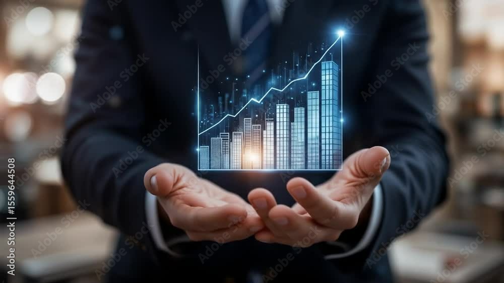 Businessman holding virtual graph representing financial growth and business success