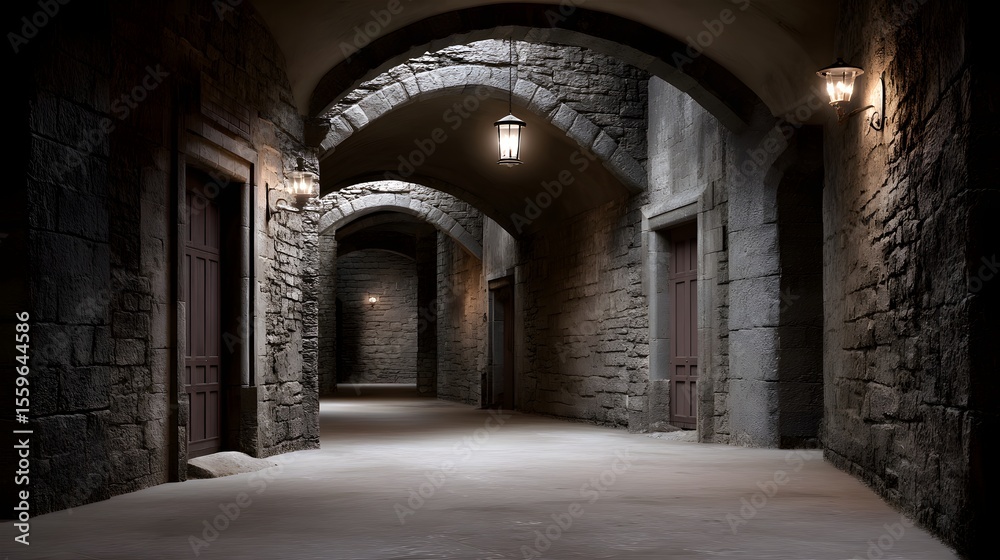 Fototapeta premium A first-person camera moving through a medieval castle hallway, torchlight flickering on stone walls, echoing footsteps, immersive fantasy ambiance