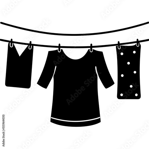 Clothesline Drying Icon Vector – Generative AI and Linocut Silhouette Style