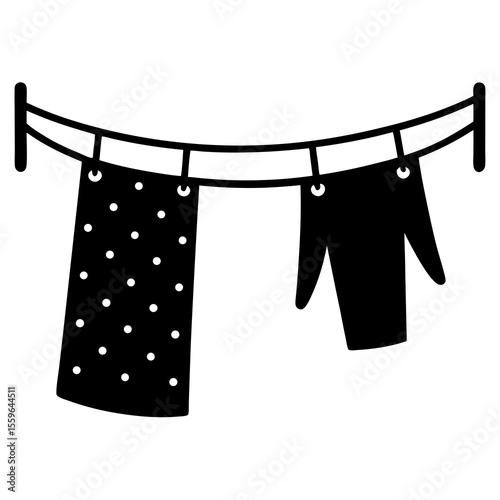 Clothesline Drying Icon Vector – Generative AI and Linocut Silhouette Style