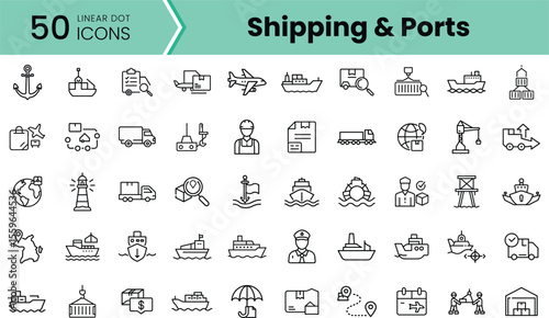 A collection of 50 linear icons representing shipping and port activities, showcasing various modes of transport and maritime symbols in a clean, modern design.