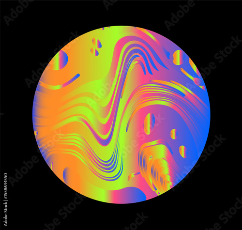 Psychedelic vector illustration of a round sphere with neon orange, green, pink, blue fluid stripes and abstract shapes on black, creating a vibrant, wavy look.