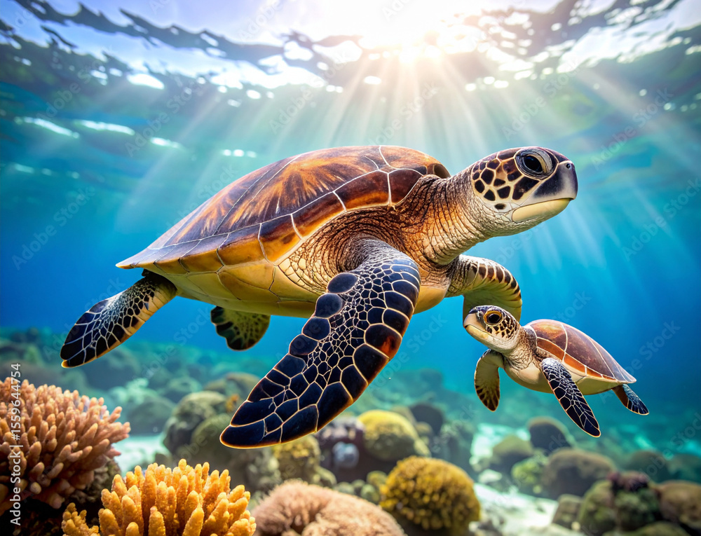 Fototapeta premium Mother and Baby Endangered Sea Turtle Swimming Together, isolated on transparent background.