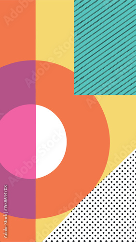 Geometric Composition in Vivid Hues: An eye-catching, digitally rendered composition bursts with dynamic shapes and bright color palettes, offering a modern and artistic flair.