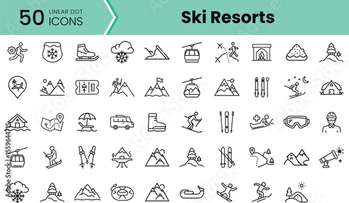 A collection of linear icons representing ski resorts, showcasing activities, amenities, and equipment in a simple, modern style, perfect for winter sports themes.
