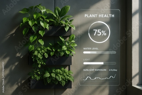 Indoor vertical garden with monitoring system for healthy plant growth and automated water level and sunlight exposure control.
