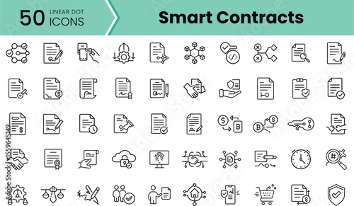 A collection of 50 linear dot icons representing smart contracts, featuring various blockchain-related symbols such as documents, keys, and connection nodes.