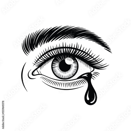 Detailed Eye Illustration with Tear Drop in Black and White Style
