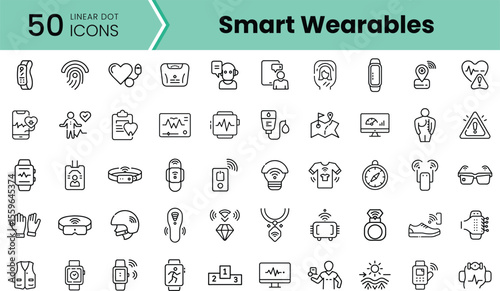 A diverse collection of linear icons representing smart wearables including fitness trackers, health monitors, and smart glasses, showcasing innovation in technology.