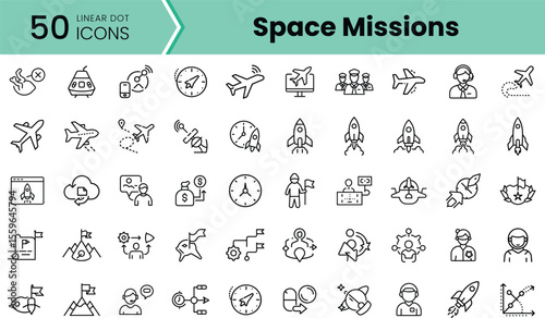 A collection of linear icons depicting various elements related to space missions, including rockets, astronauts, and orbital mechanics, in a minimalist design.
