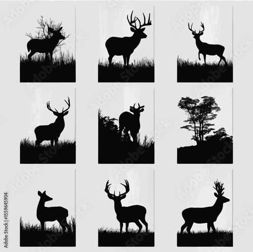 whitetail buck silhouette set, Black & White silhouette set