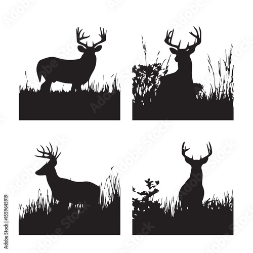 whitetail buck silhouette set, Black & White silhouette set