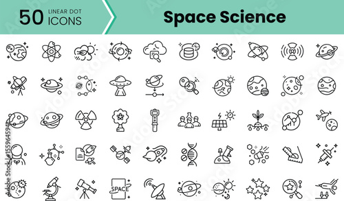 A collection of 50 linear icons representing space science, featuring galaxies, satellites, telescopes, and other astronomical elements in a minimalist design.