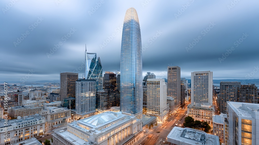 Obraz premium A time-lapse of city lights turning on as night falls over a metropolitan skyline, camera zooms out gradually, modern and dramatic urban atmosphere