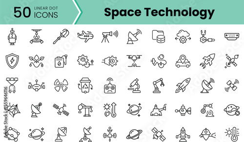 A collection of 50 linear icons representing various aspects of space technology, including satellites, rockets, and robotic systems, ideal for tech-themed projects.