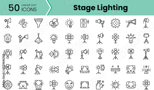 A comprehensive collection of 50 linear icons representing various stage lighting equipment and effects, perfect for event planning and design.