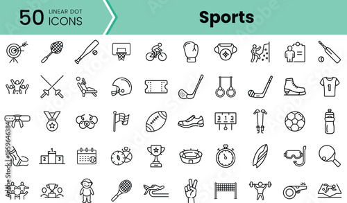 A collection of linear dot icons representing various sports, featuring equipment, activities, and competitions in a clean, minimalist design.