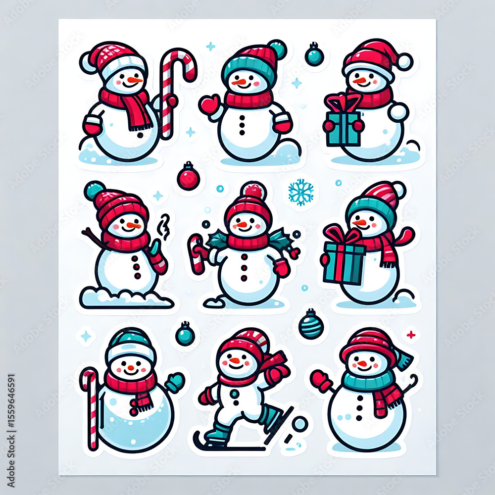 Fototapeta premium Snowman Holiday Sticker Sheet – Flat Vector