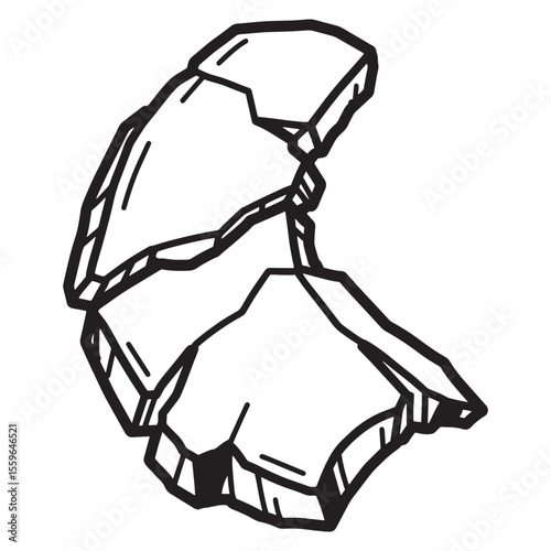 Abstract black and white illustration depicting shattered geometric pieces with bold outlines