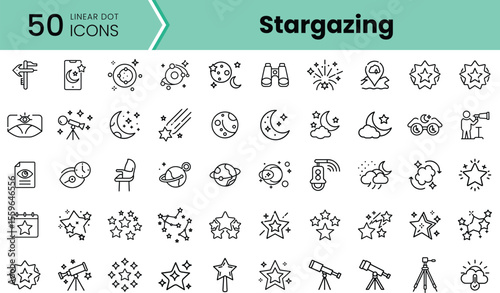 A collection of 50 linear icons representing stargazing elements, including telescopes, stars, moons, and night skies, perfect for astronomy enthusiasts.