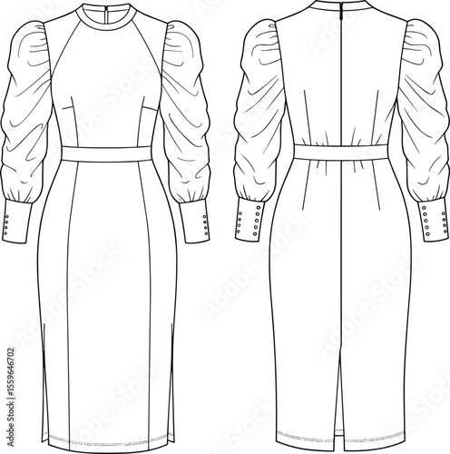 Elegant fitted dress flat sketch, puff sleeve detail, front and back technical vector drawing, fashion cad template for clothing design