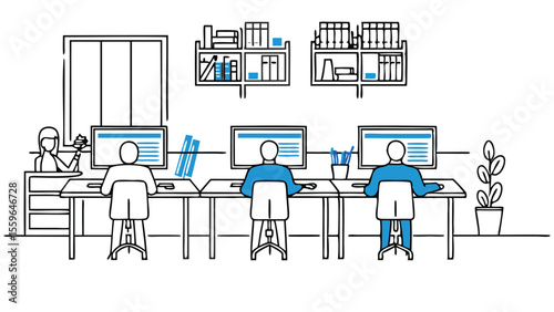 Illustration of people working at computers in an office with bookshelves and a plant in the background