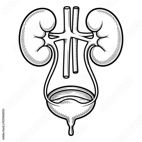 Hand drawn illustration of the human urinary system with kidneys and bladder