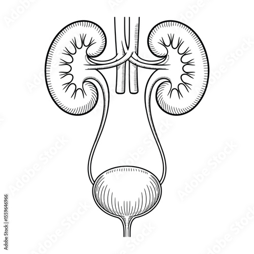 Human Urinary System Illustration Kidneys Ureters and Bladder in Black and White