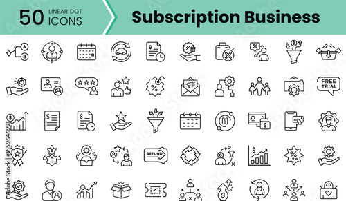 A collection of 50 linear dot icons representing various aspects of subscription business, including analytics, customer engagement, and service management.