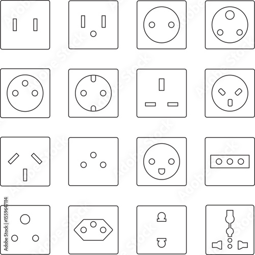 Global outlet icon set featuring various international socket types in minimalist line style. Ideal for infographics, travel guides, electronics manuals, and global compatibility charts.