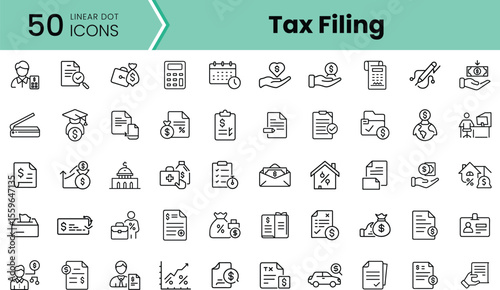 A collection of 50 linear dot icons representing various aspects of tax filing, including financial documents, calculators, and professional services.
