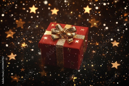 3D render of gift box surrounded by shining stars on a holiday festive background, banner and card design