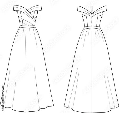 Elegant off shoulder long dress flat sketch, fashion CAD illustration, technical garment drawing, vector template, gown design, clothing outline