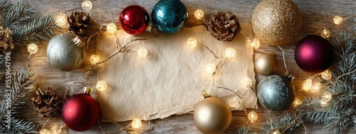 Festive Flat Lay: Ornaments and Lights Frame Holiday Blank