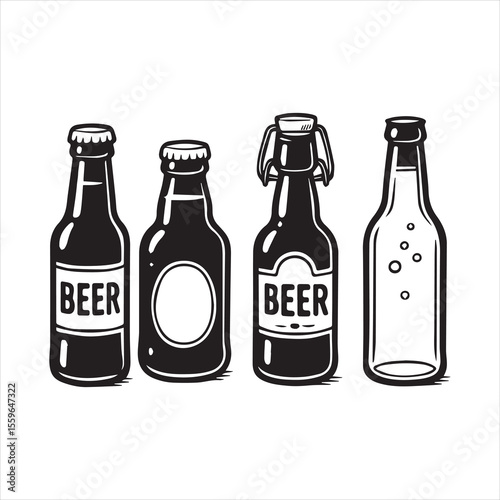 beer bottle set woodcut engraving vector illustration