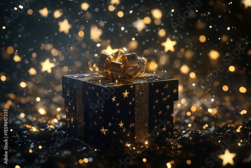 3D render of gift box surrounded by shining stars on a holiday festive background, banner and card design