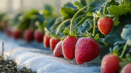 Ripe red strawberries covered in frost growing in a field.