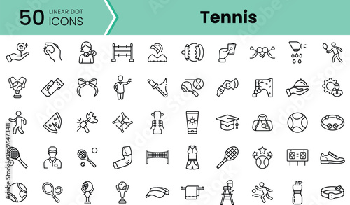 A collection of 50 linear icons depicting various aspects of tennis, showcasing sportsmanship, training equipment, and game elements in a clean, modern design.