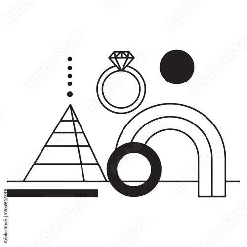 Abstract geometric composition featuring engagement ring and pyramid for wedding and proposal concepts