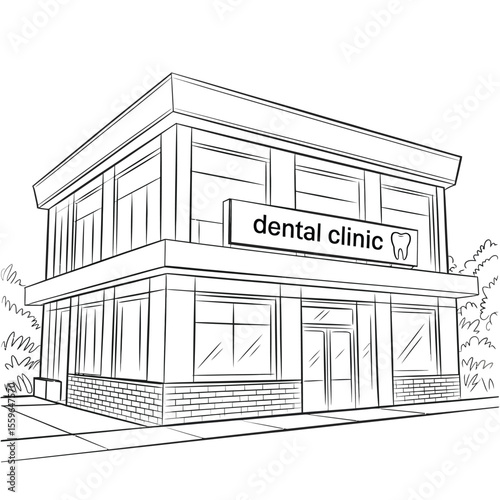 Line art illustration of a two story dental clinic building exterior