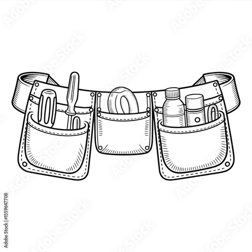 Hand drawn tool belt with pockets and tools black and white illustration