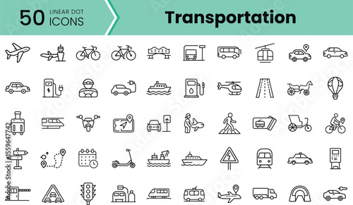A collection of linear dot icons representing various modes of transportation, including vehicles, bicycles, planes, and more, illustrated in a clean, modern style.