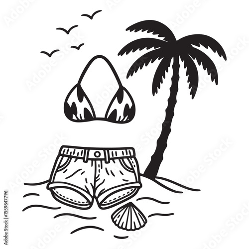 Black and white beach scene with swimsuit shorts palm tree and seashell icon