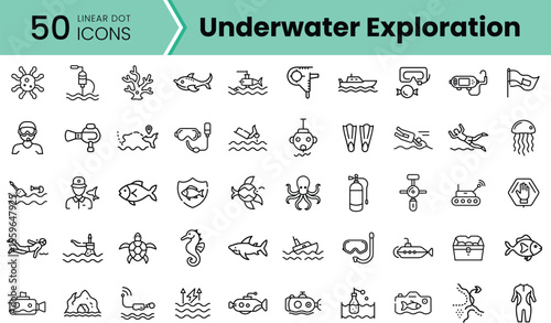 A collection of 50 linear icons representing underwater exploration, featuring marine life, diving gear, and activities related to aquatic adventures.