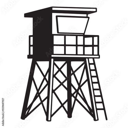 Black and white illustrated lifeguard tower silhouette against a clean white background