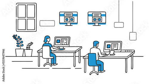 People working on computers in an office setting with plants and hanging lights illustration style