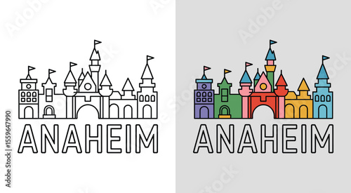 Anaheim skyline featuring Disneyland Castle and resort buildings for vibrant cityscape art.