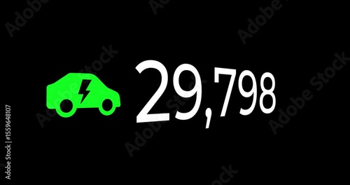 Video of counting numbers up to 1 million with a green electric car icon increasing on a black background with slight movement