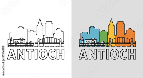 Antioch skyline with Antioch Bridge and waterfront buildings for scenic cityscape art.