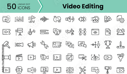 A collection of 50 linear icons representing video editing tools and features in a clean, minimalist style, perfect for digital design projects.